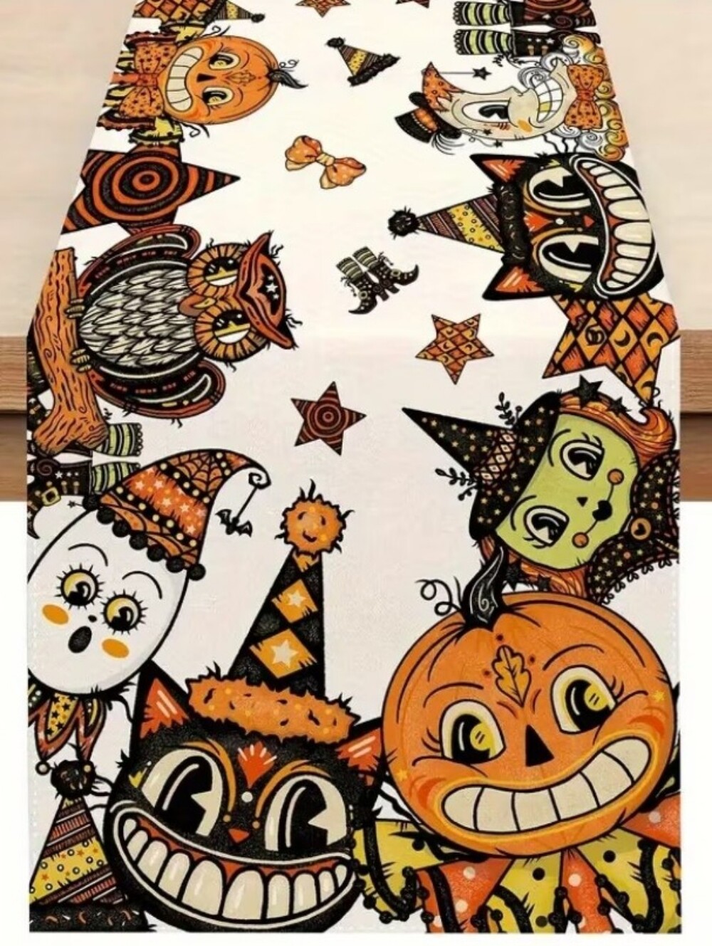 Festive Halloween table runner featuring playful pumpkin, owl and cat characters